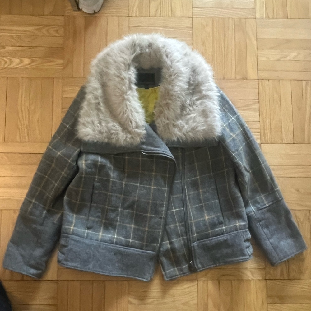 Banana republic Wool blend Faux Fur Collar Plaid Moto jacket XL